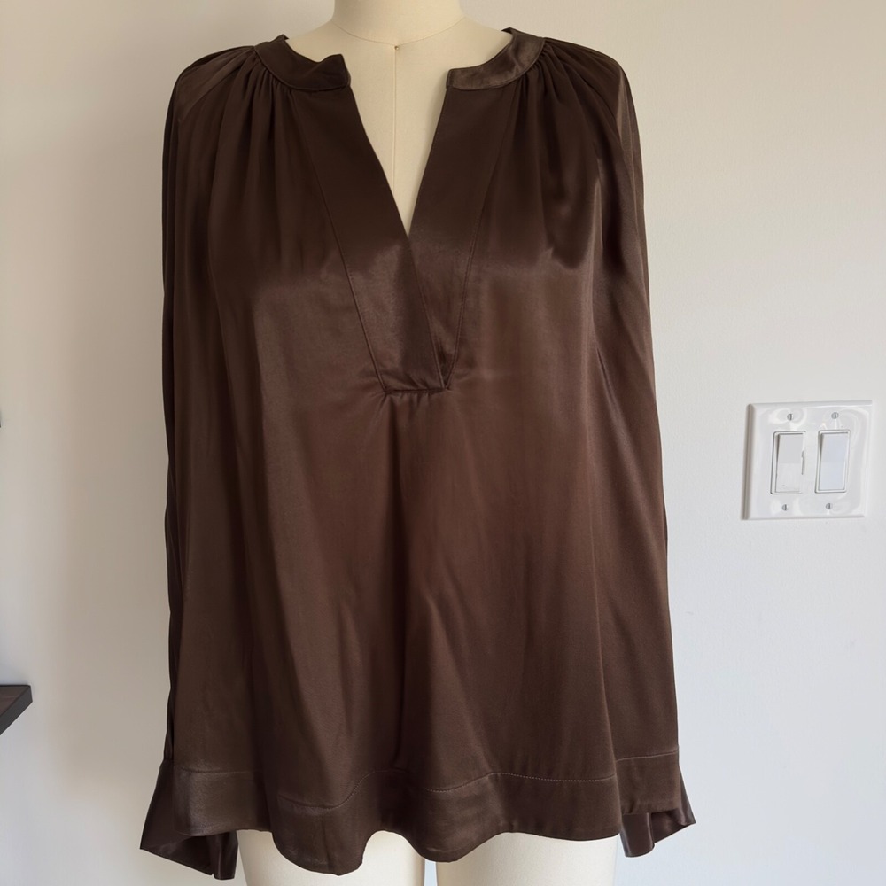 RAILS Wynna Top-Dark Moss Brown-Long Sleeve V-Neck Satin Blouse-Size XL-RRP $263